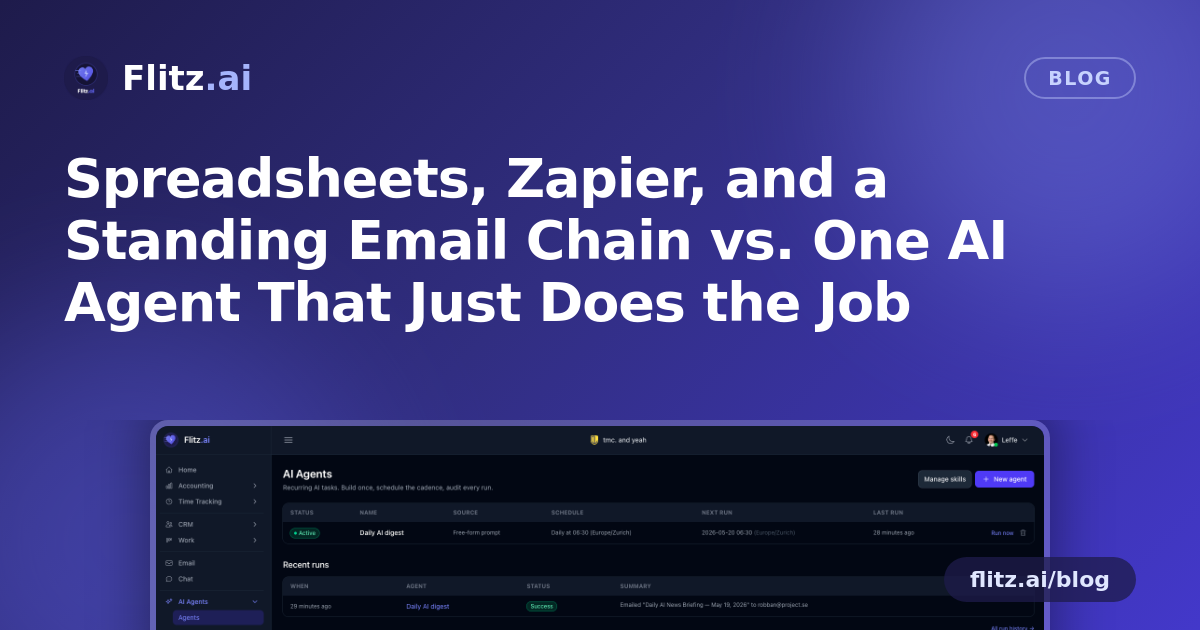 Spreadsheets, Zapier, and a Standing Email Chain vs. One AI Agent That Just Does the Job